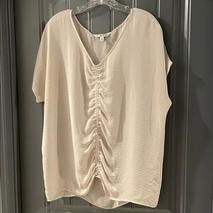 CAbi Cream Ruched V-Neck Short Sleeve Blouse